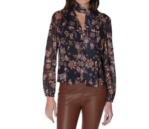 WALTER BAKER Selena Black Floral chiffon Tie Neck Button down Blouse Medium